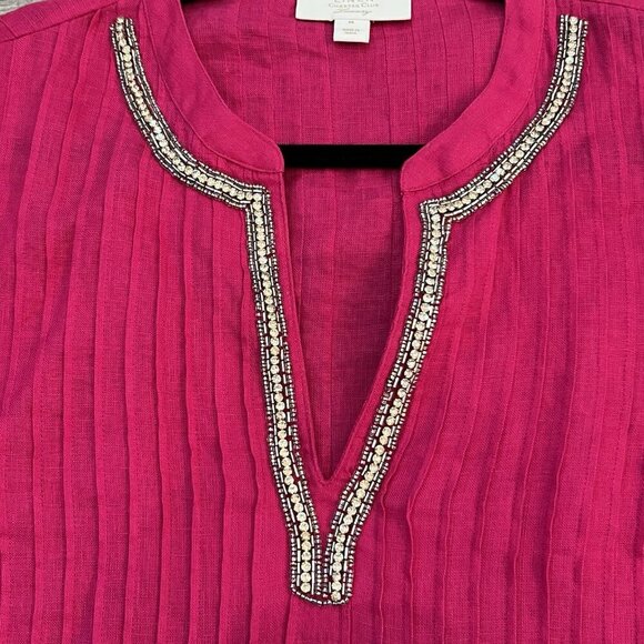 Charter Club Women's Linen Pleated Tunic Top Size Medium Embellished Pink Tutu - Picture 2 of 8